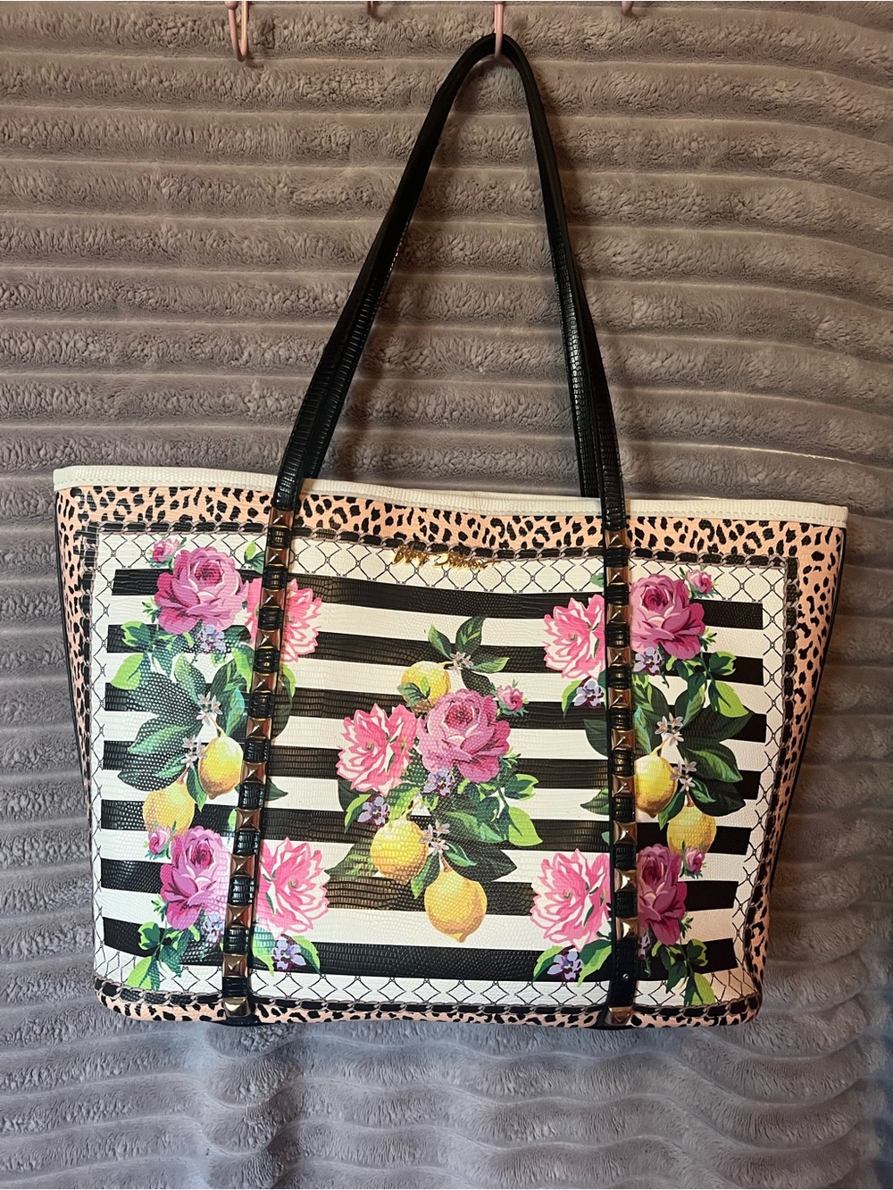 Betsey Johnson Black & White Striped Tote with Pink Florals and Yellow Lemons